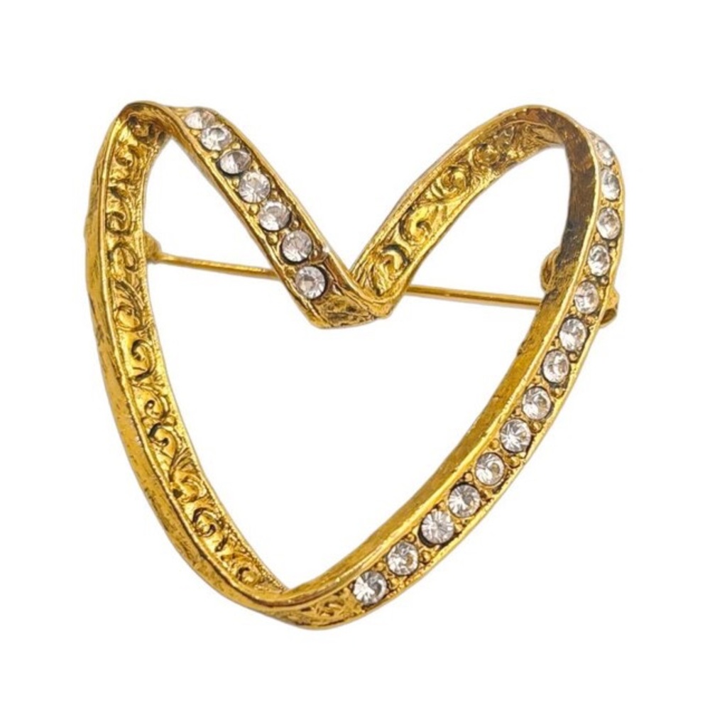 Vintage Gold Tone Rhinestone Engraved Open Heart Brooch